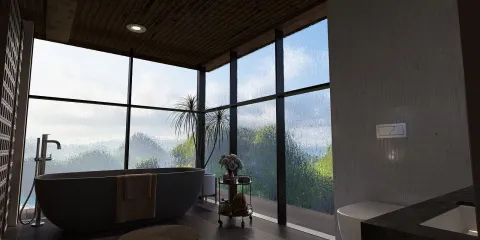 Modern bathroom featuring a freestanding bathtub with a scenic view, designed using Homestyler's real-time 3D rendering for an immersive interior decor experience.