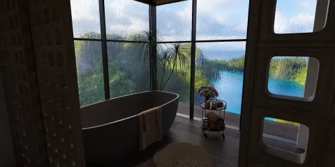 modern freestanding bathtub overlooking scenic views with large windows in a bathroom, utilizing Homestyler's real-time 3D rendering feature for an immersive design presentation.
