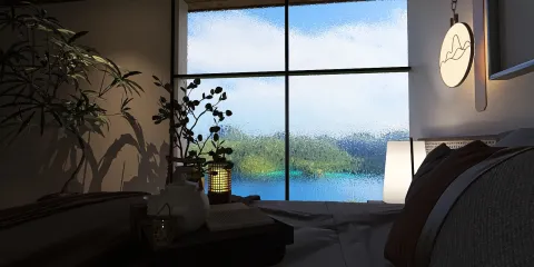 cozy bedroom design featuring a large window with a scenic view, creating a tranquil atmosphere; utilizes Homestyler's AR virtual furniture placement feature for accurate interior styling.