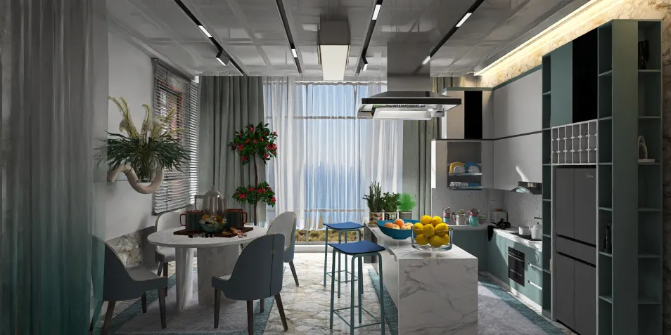 modern kitchen interior showcasing a sleek design with smart furniture arrangement, featuring a stylish dining area and high-quality materials, utilizing Homestyler's real-time 3D rendering for accurate renovation previews.