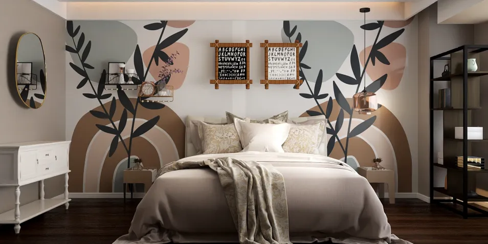 A contemporary bedroom featuring a stylish design with floral wall art, showcasing a harmonious blend of colors and shapes, optimizing small space for interior decor using Homestyler's real-time 3D rendering functionality.