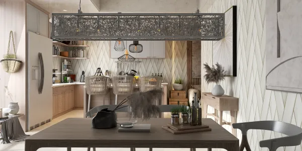 Contemporary dining area featuring a wooden table, adorned with decorative items, complemented by a stylish pendant light over the space, enhancing the open kitchen design while utilizing Homestyler's real-time 3D rendering for effective layout planning.