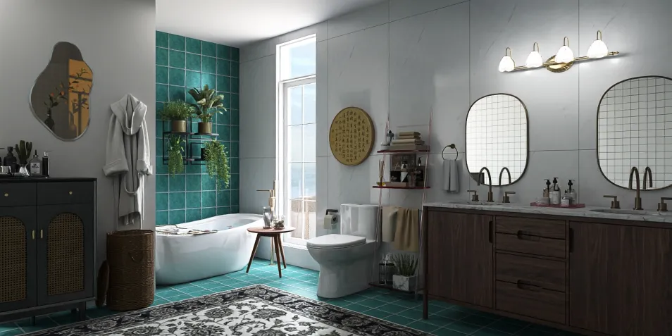 bathroom design featuring a freestanding tub and double vanity in a modern style with turquoise tiles and elegant décor for a cozy interior ambiance using Homestyler's real-time 3D rendering.