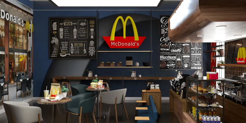 modern fast food restaurant interior featuring McDonald's branding, showcasing a casual dining layout with wooden furniture and chalkboard menus, enhancing user experience with real-time 3D rendering for interior design visualization.