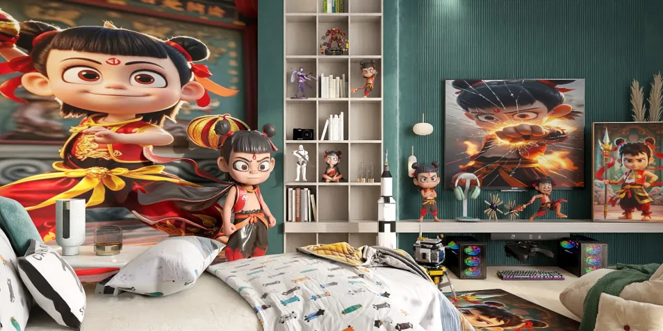 Colorful children's bedroom featuring animated characters, showcasing a playful design style that enhances creativity; ideal for interior decor inspiration with Homestyler's real-time 3D rendering feature.