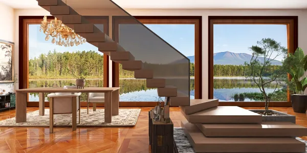 Elegant wooden staircase leading to an open dining area with large windows showcasing a lakeside view, featuring modern interior design and smart furniture arrangement for optimized space, utilizing Homestyler's real-time 3D rendering feature.