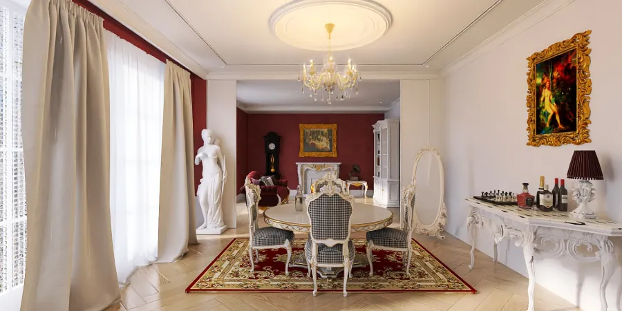 a living room with a large white table and chairs 