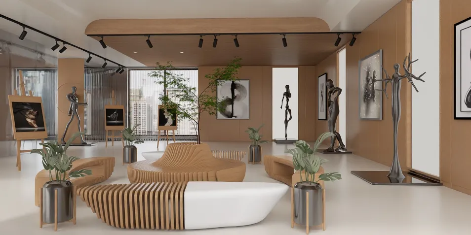 modern living room with artistic sculptures and plants featuring 3D interior design rendering by Homestyler, showcasing a warm wood aesthetic.