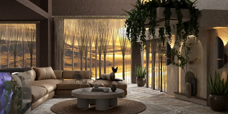 a spacious living room featuring a stylish sofa and coffee table, showcasing a modern minimalist design with natural elements, emphasizing interior decor enhancements using Homestyler's real-time 3D rendering to showcase renovation previews.