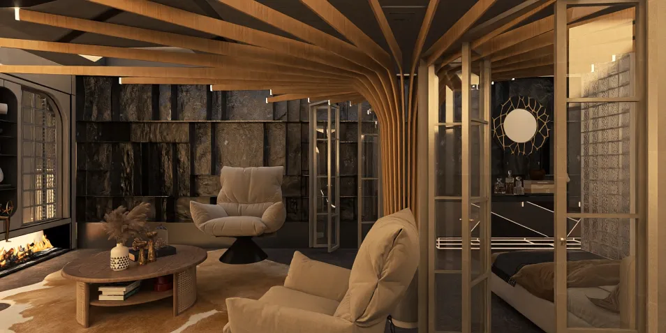 Modern living room interior design showcasing cozy furniture arrangement with wooden architectural features, enhancing space optimization with Homestyler's real-time 3D rendering functionality.