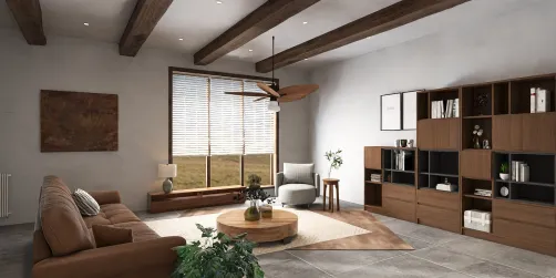 spacious living room featuring a cozy sofa and wooden furniture arrangement, designed in a modern rustic style, enhancing comfort and warmth with Homestyler's real-time 3D rendering capabilities.