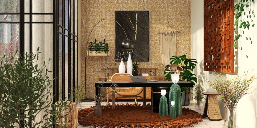 a living room with a table and a vase 