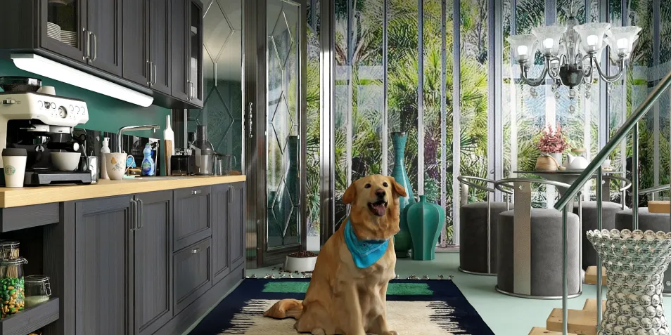 Cozy kitchen featuring a golden retriever sitting on a stylish rug, showcasing modern interior design with a blend of function and aesthetics. Perfect for exploring homestyler's real-time 3D rendering capabilities.