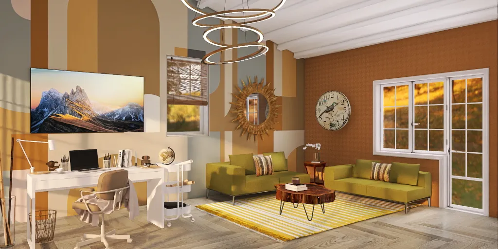 a living room with a couch, chair, and a clock 