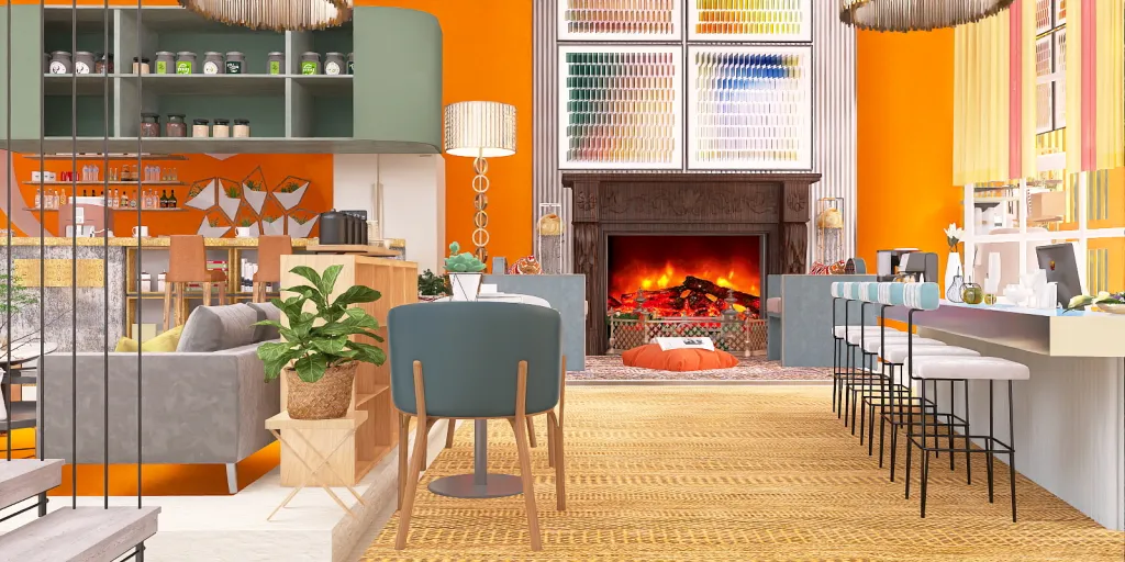a room with a fireplace, chairs, and a table 