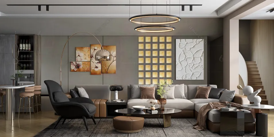 modern living room featuring a spacious layout with contemporary furniture arrangement and neutral color palette, showcasing the use of Homestyler's real-time 3D rendering for design proposals.