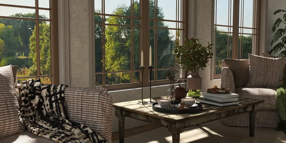 cozy living room space featuring textured armchairs and a stylish coffee table arranged with decorative items and candles in a modern rustic style, showcasing Homestyler's real-time 3D rendering feature.