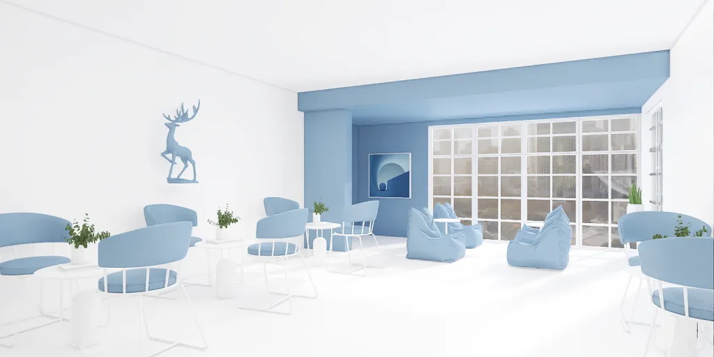 a room with a lot of white furniture and a blue wall 