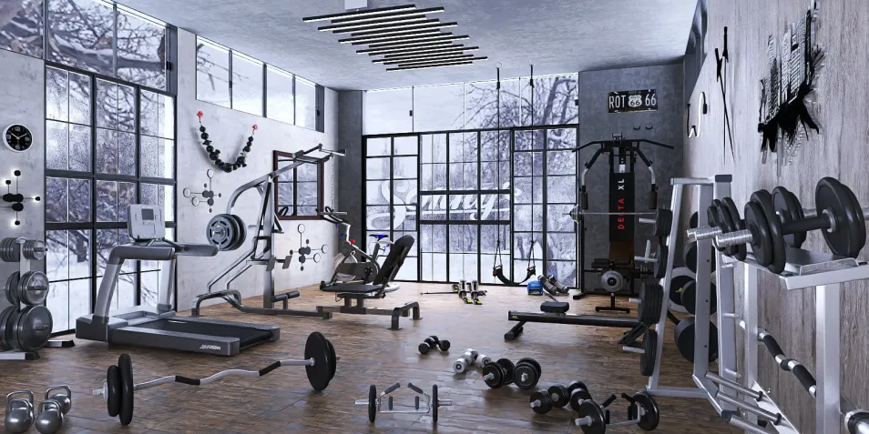 fitness equipment arranged in a modern gym style in a spacious area with natural light, showcasing interior design for home gym use, featuring Homestyler's real-time 3D rendering.