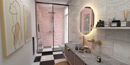 black, white and pink bathroom
