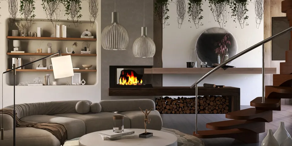 modern living room with a cozy sofa and stylish decor featuring a fireplace and decorative shelves, showcasing interior design using real-time 3D rendering with Homestyler for enhanced visual presentation.