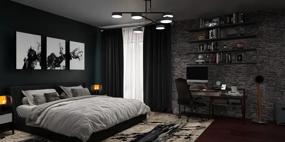 modern bedroom design with a black accent wall, featuring large artwork, a stylish bed, and a sleek desk, showcasing smart furniture arrangement, highlighting Homestyler's real-time 3D rendering capability.