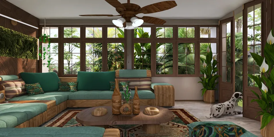 spacious living room with natural materials featuring a comfortable seating arrangement in a tropical style, utilizing Homestyler's real-time 3D rendering for instant design visualization.