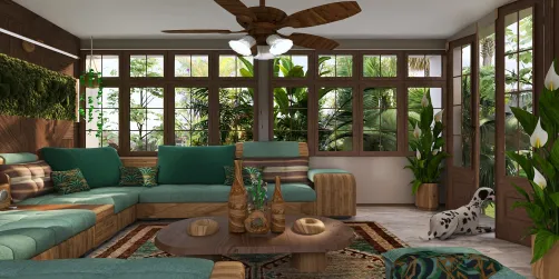 spacious living room with natural materials featuring a comfortable seating arrangement in a tropical style, utilizing Homestyler's real-time 3D rendering for instant design visualization.