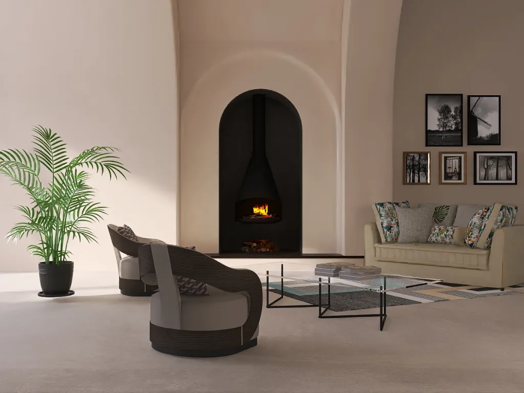 a living room with a fireplace and a large table 