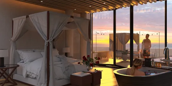 luxurious bedroom with a four-poster bed overlooking a sunset, featuring a relaxing bathtub and elegant decor, showcasing interior design with Homestyler's real-time 3D rendering functionality