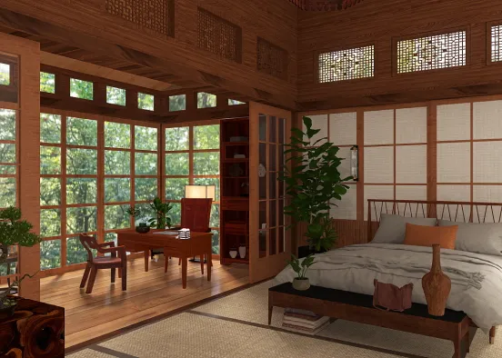 Modern Japanese Bedroom/Office Design Rendering