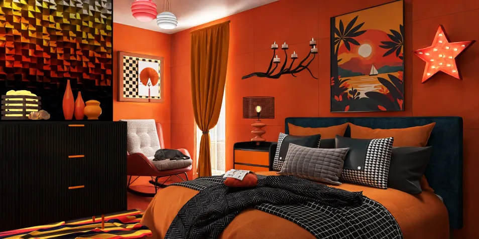 vibrant bedroom design featuring warm orange tones, showcasing intelligent furniture arrangement for optimized small space usage with Homestyler's AR virtual furniture placement feature