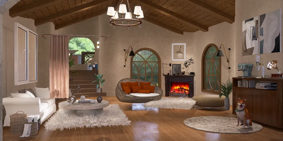 a living room with a fireplace and a table 