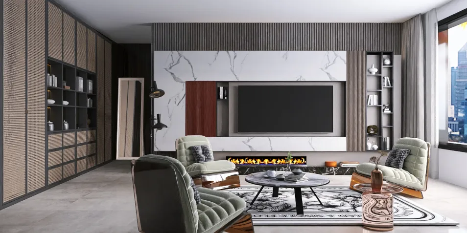 contemporary living room with elegant furniture arrangement showcasing a minimalist design style using Homestyler's real-time 3D rendering feature