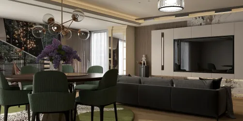 modern living room design featuring a stylish sofa and dining area, utilizing smart furniture arrangement for optimal space in a contemporary style, showcasing Homestyler's real-time 3D rendering capabilities.