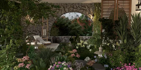 lush garden area with seating and decorative elements, creating a serene outdoor retreat, featuring vibrant flowers and greenery; showcasing Homestyler's real-time 3D rendering for interior design visualization.
