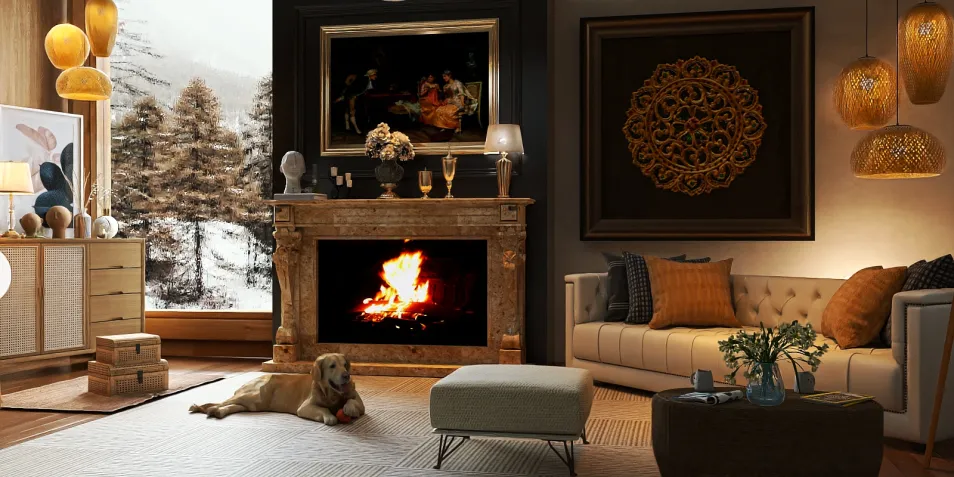 Living room with cozy fireplace featuring realistic 3D rendering, modern style, highlighting warmth and comfort, utilizing Homestyler's real-time 3D rendering for a swift design preview.
