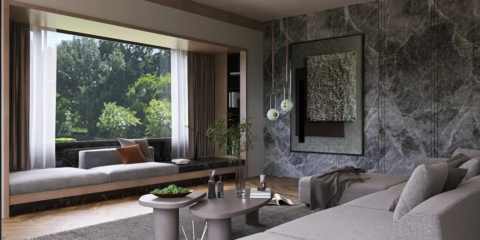 modern living room with elegant furniture arrangement and natural lighting, featuring a stone accent wall and stylish decor, showcasing interior design ideas, powered by Homestyler's real-time 3D rendering.