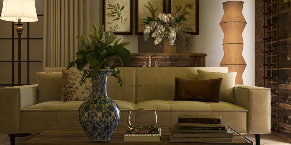 Living room with a stylish sofa and decorative plants, featuring smart furniture arrangement in a contemporary style, showcasing interior design optimization using Homestyler's real-time 3D rendering.