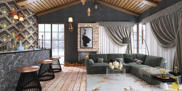 cozy living room with sectional sofa and bar area featuring wood accents and modern decor, demonstrating interior design using Homestyler's 3D rendering feature