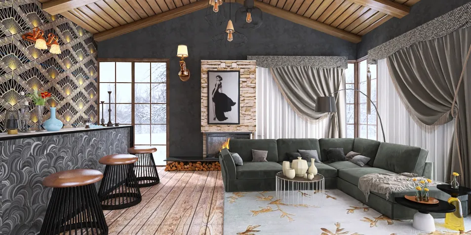 cozy living room with sectional sofa and bar area featuring wood accents and modern decor, demonstrating interior design using Homestyler's 3D rendering feature