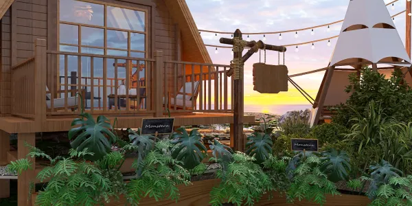 cozy wooden cabin with outdoor balcony overlooking a sunset view and lush plants, showcasing 3D interior design with Homestyler's real-time 3D rendering feature