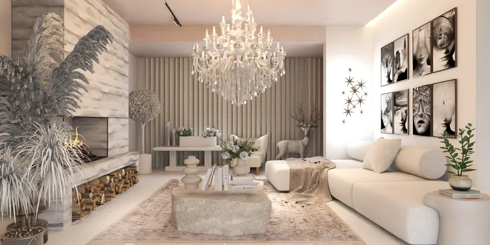 modern living room interior design featuring a luxurious chandelier, elegant furniture arrangement, and minimalist decor, showcasing a cozy and sophisticated atmosphere with Homestyler's real-time 3D rendering capabilities.