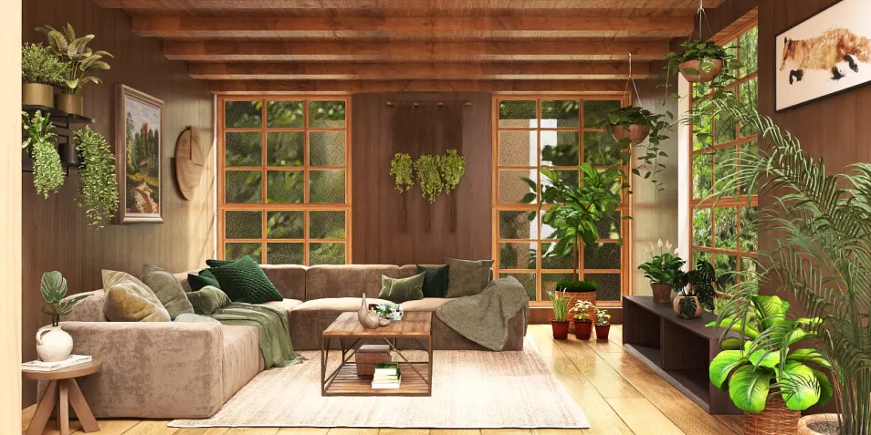 cozy living room with plush sofa and plants designed using Homestyler, showcasing a rustic style and optimizing space for relaxation