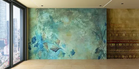 Interior wall featuring textured artwork with leaf motifs, enhancing the ambiance in a modern living space, showcasing Homestyler's material library for wall texture customization.