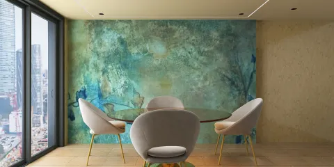 dining area with a round glass table and modern chairs featuring a textured blue wall art style contemporary interior design using Homestyler's real-time 3D rendering feature for instant visualization.