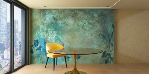 A stylish glass dining table paired with a vibrant yellow chair, featuring a textured green floral mural in the background, showcasing modern interior design trends with Homestyler's real-time 3D rendering for home decor visualization.