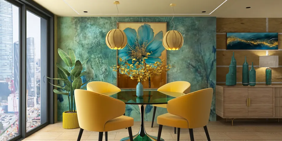 dining room with yellow chairs and glass table showcasing an elegant design style featuring a floral wall art and decorative plants, optimized for interior decor visualization using Homestyler's real-time 3D rendering feature.