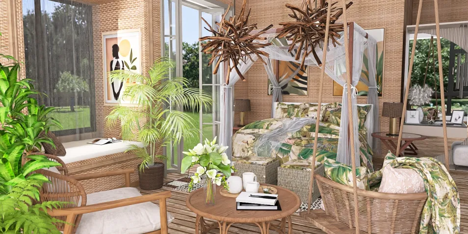 a cozy bedroom featuring a rattan bed with botanical bedding, integrating an indoor plant arrangement, designed with a tropical style, highlighting the use of Homestyler's real-time 3D rendering for visualization.