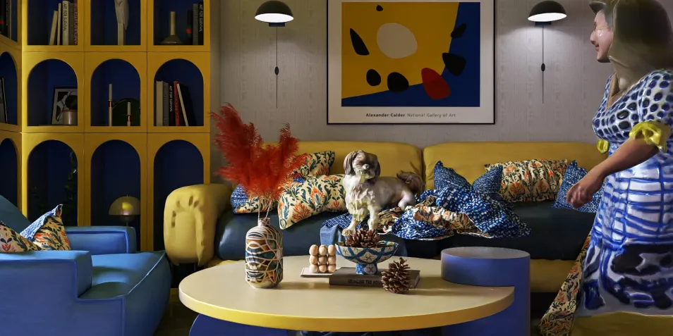 A vibrant living room featuring a blue and yellow color scheme, showcasing a dog on a stylish sofa, accented by decorative pillows and a coffee table with unique ornaments, designed using Homestyler's real-time 3D rendering feature.